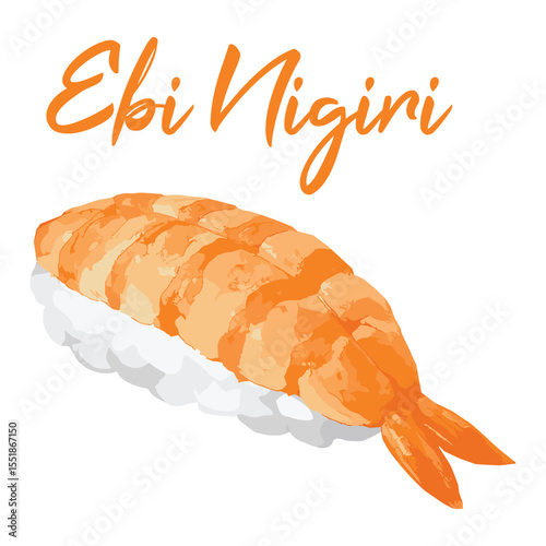prawn shrimp ebi nigiri sushi in watercolor illustration style, isolated vector on white background