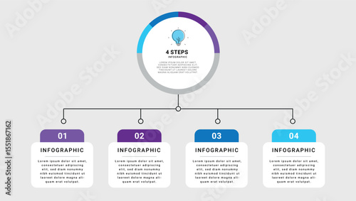 four steps infographic template with lightbulb icon and color-coded boxes for process or workflow diagram	