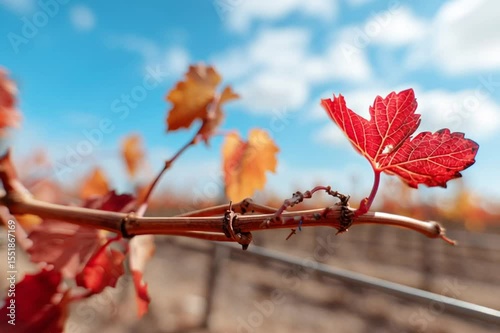 red branch in a grape field. Autumn colors