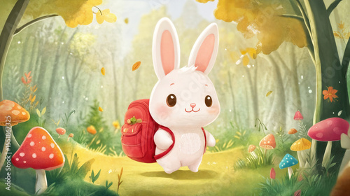 Adorable bunny character with a red backpack exploring a magical forest filled with colorful mushrooms and vibrant flora. Perfect for children's illustrations and designs