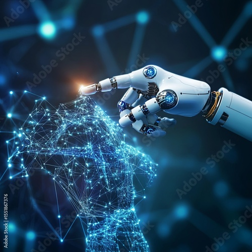 Artificial Intelligence. Futuristic 3d robot arm and human hand touching digital world with wireframe connections, virtual graphic interface future technology, Cyborg hand pointing a Connection.
