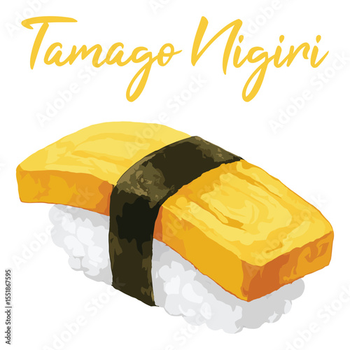 tamago egg sushi nigiri roll in watercolor illustration style, isolated vector on white background