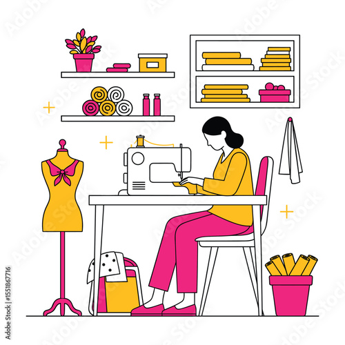 Female Tailor Sewing in Atelier