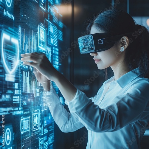 Asian businesswoman exploring virtual reality select the icon security on the virtual display. Business, technology, internet and networking and metaverse concept.