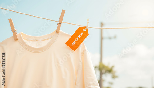 T-shirt hanging on a line with bright orange 'Last Chance' tag  