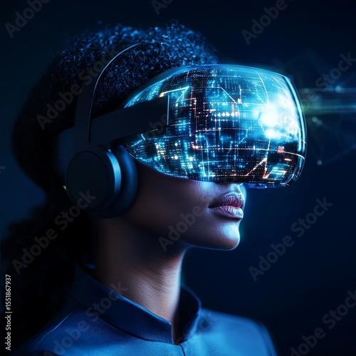 Black businesswoman portrait in vr glasses headset, digital hologram hud with virtual screen, earth sphere and binary. Concept of futuristic technology and metaverse.