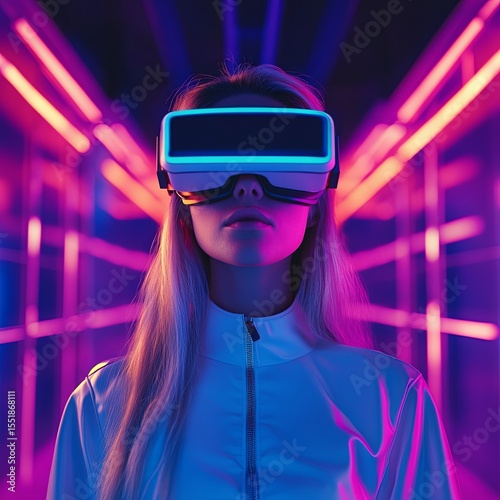 Blond woman in virtual reality glasses is standing in a futuristic interior glowing with lights. Toned image. Mock up.