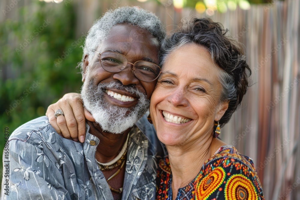 Fototapeta premium Portrait of a cheerful multicultural couple in their 60s celebrating anniversary