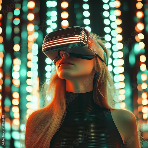 Blond woman in virtual reality glasses is standing in a futuristic interior glowing with lights. Toned image. Mock up.