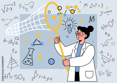 Scientist with Scoop Net and Science Formulas