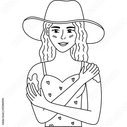 Lovely outline girl in hat and summertime apparel applying sunscreen on shoulders. Hand drawn lady protect skin from sunbeam and ultraviolet rays isolated on white background. Sunblock doodle