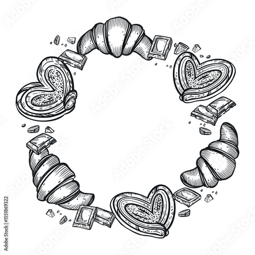 A wreath of sweet buns, croissants, chocolate. All objects are hand-drawn in vector. The illustration is suitable for printing on food packaging, menu design, and bakery interiors.