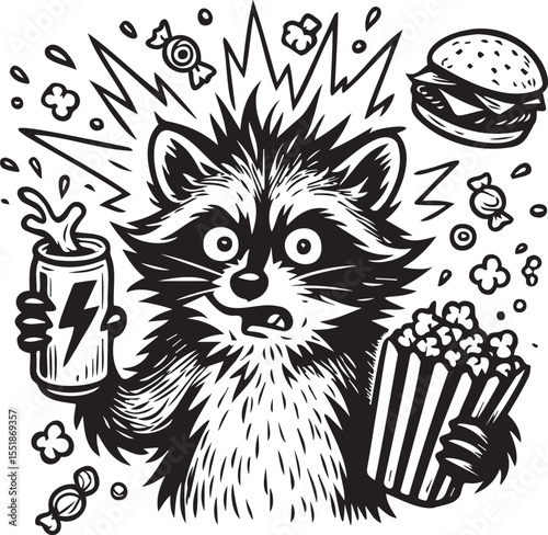 angry raccoon with popcorn and snacks
