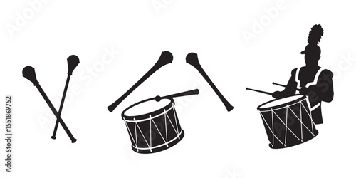 Simple silhouette of snare drum and sticks used in patriotic musical performances. Patriotic parade drummer silhouette representing youth marching band tradition
