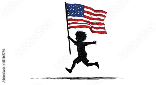 Child running joyfully with waving American flag to celebrate patriotic freedom independence. American Flag. USA Flag. US flag. 