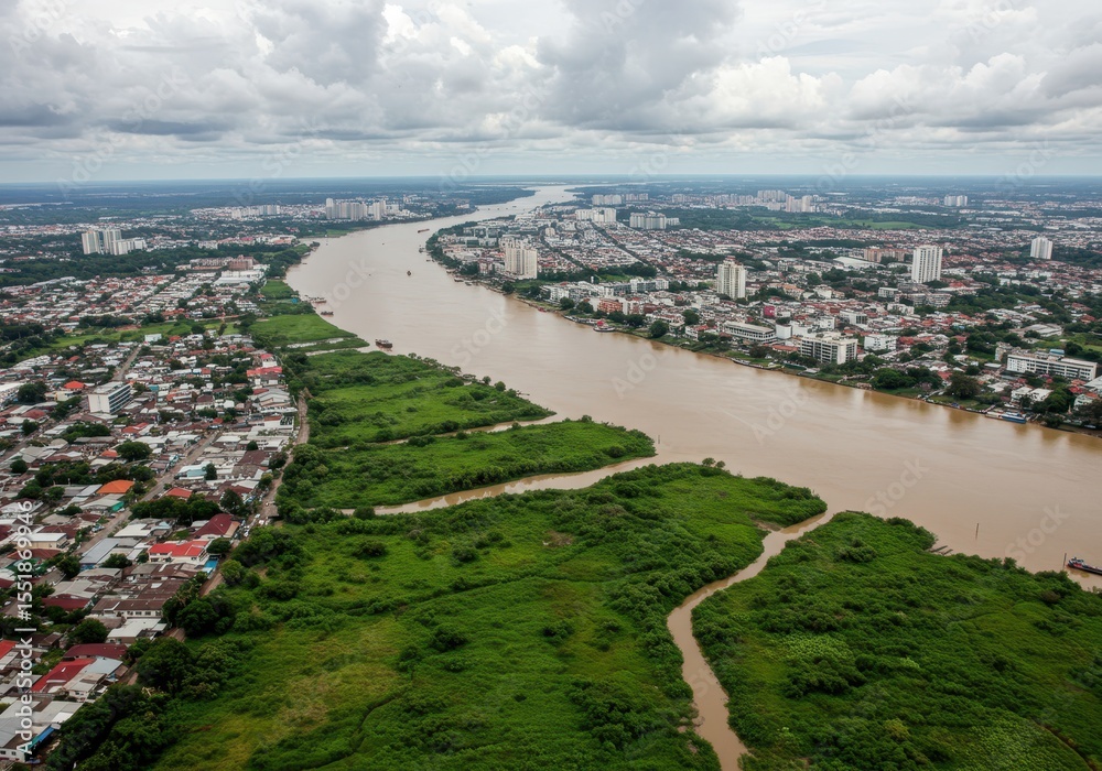 Fototapeta premium Aerial view of a city with a wide river flowing through it under a cloudy sky