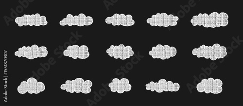Cloud silhouette bundle with pencil texture. Pastel chalk crayon cloudscape collection on a dark background.