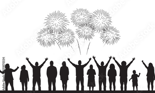 Excited crowd raising hands while watching fireworks during national celebration event