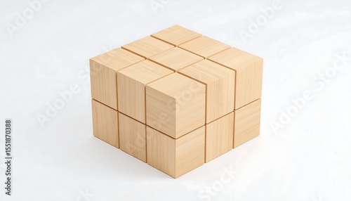 Wooden cube puzzle on white background.