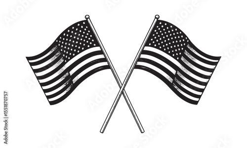 American Flag. USA Flag. US flag. Waving crossed American flags Vector silhouette illustration for patriotic celebrations