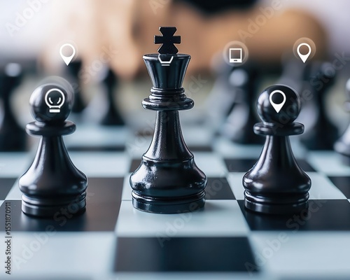 Abstract chessboard with business icons, strategic decisionmaking concept