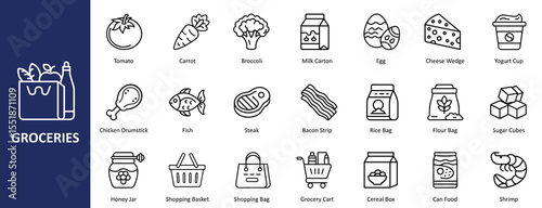 Groceries outline icon set for food, shopping, and supermarket, perfect for e-commerce, recipe apps, and meal planning designs