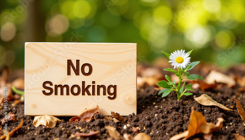 No Smoking wooden sign beside blooming daisy plant in soil  
