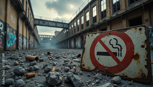 No smoking warning sign on ground in abandoned industrial area  