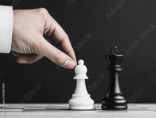 Monochrome hand placing chess piece, business move metaphor