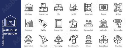 Warehouse Inventory outline icons for logistics, storage, and supply chain management, ideal for business and industrial designs