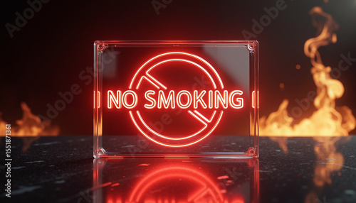 Neon no smoking sign illuminated against fire background  