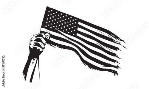 Raised hand holding American flag in bold silhouette of patriotic pride. American Flag. USA Flag. US flag. 