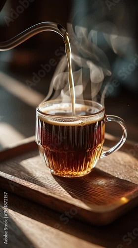 Brewing Comfort: Close-up shot of freshly brewed tea pouring from a silver teapot into a clear glass cup, steaming, on a wooden tray. Soft, natural light creates a cozy and inviting atmosphere.