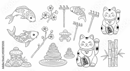 Set of hand drawn whimsical illustrations of zen garden elements and lucky symbols. Doodle drawings of koi fish, cherry blossoms, mini rakes, maneki-neko cats, and bamboo. Serene line art in delicate 