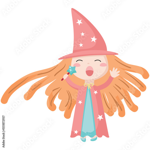 Enchantress vector. Cartoon character wearing pretty hat, costume illustration. Isolated female fantasy girl with magic wand. Magical fairytale sorcerer. Child in halloween dress on white background