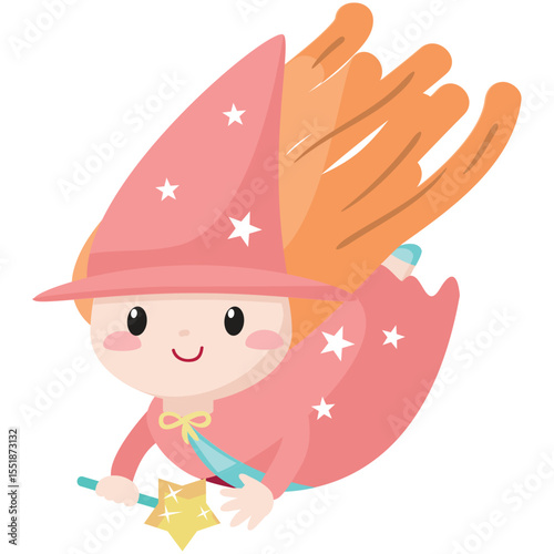 Vector enchantress. Cartoon girl character wearing pretty hat, costume flying in sky illustration. Isolated female fantasy fairytale sorcerer with magic wand on white background