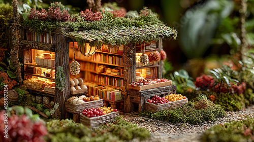 Miniature woodland market stall with fruit, books, bread, and glowing lights surrounded by lush greenery
