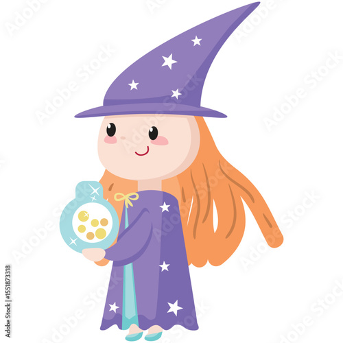 Cute enchantress with magic potion vector icon. Cartoon character wearing pretty hat, costume illustration. Magical fairytale sorcerer child isolated on white background