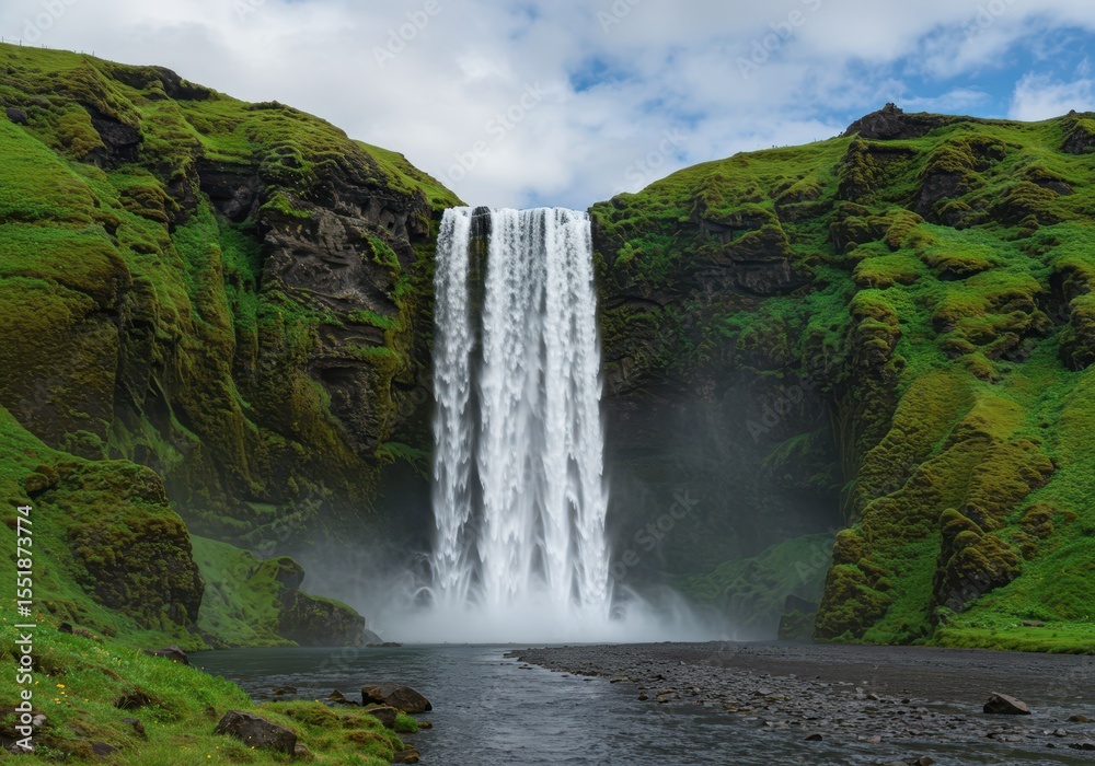 Obraz premium Skgafoss waterfall plunges down mossy cliffs into a rocky riverbed in scenic iceland