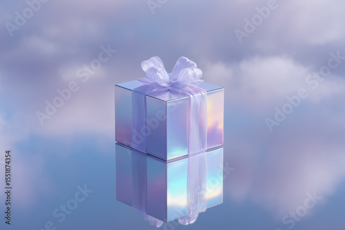 Gift box wrapped in a ribbon and bow reflecting a sky background on a shiny surface.