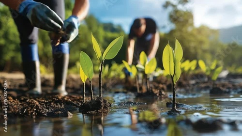 Young seedling plants growing in wet soil with hands nurturing growth outdoors in bright sunlight for gardening and nature water care