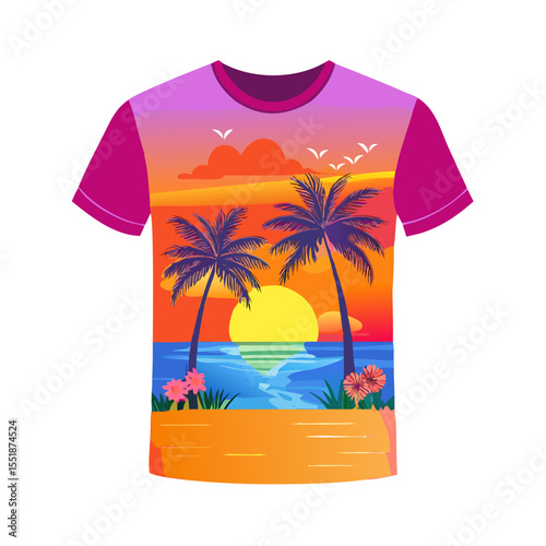 Tropical Sunset Palm Tree T-Shirt Design – Bold Ocean Sunset with Palm Trees, Colorful Waves, Bright Tropical Flowers, Vibrant Beach Art on White Background

