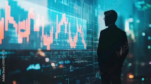 Businessman analyzing stock market financial graph and digital chart with data analysis for investment and finance business cityscape office