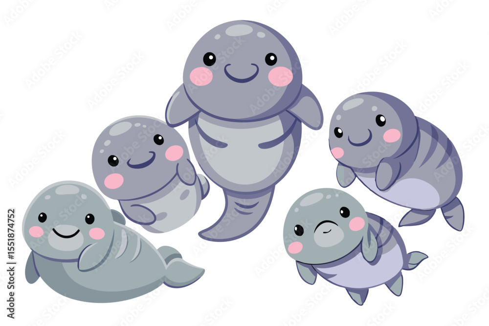 Fototapeta premium Group of Cute Cartoon Manatees Swimming Together on a White Background