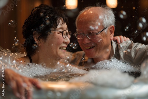 Portrait of a grinning asian couple in their 60s sharing a bubble bath