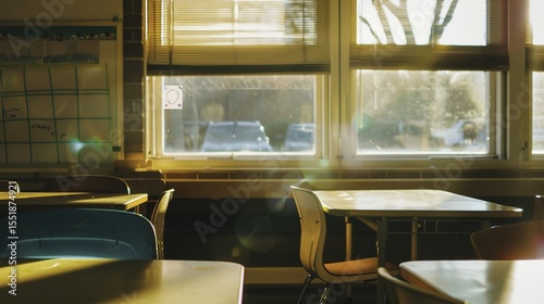 Sunlight Streaming Through Classroom Window onto Empty Wooden Desk, Warm Sunbeam Illumination in School Interior with Dust Particles and Bokeh Effect, Peaceful Learning Atmosphere