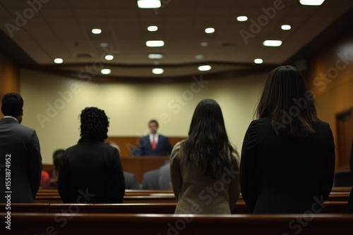 Courtroom Scene with Attorneys and Clients in Formal Attire