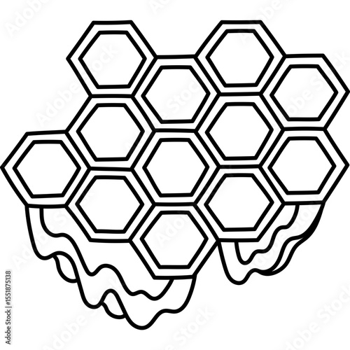 Lovely outline honeycomb with dripping honey. Childish hand drawn hexagonal grid cells isolated on white background. Doodle vector concept of beekeeping, honey bee, sweet heathy food.