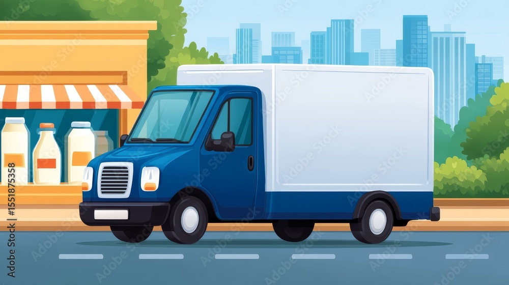 Naklejka premium Refrigerated Delivery Van Transporting Dairy Products on a City Street