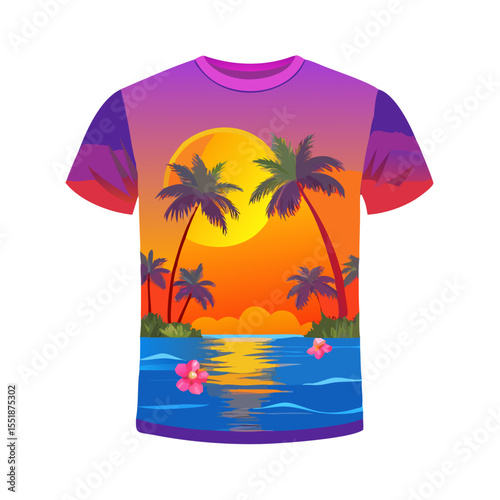 Tropical Sunset Palm Tree T-Shirt Design – Bold Ocean Sunset with Palm Trees, Colorful Waves, Bright Tropical Flowers, Vibrant Beach Art on White Background

